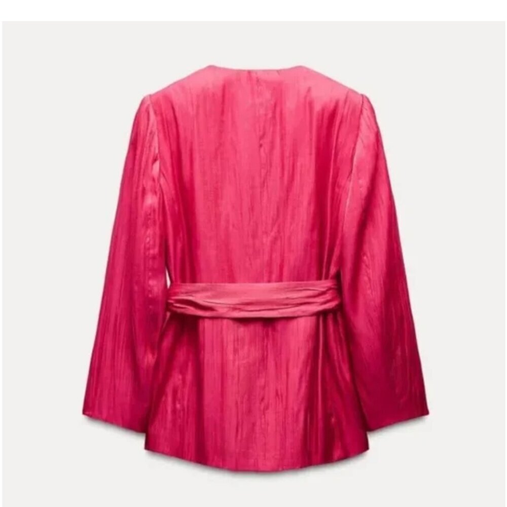 ZARA Double Breasted Belted Pink Blazer Wrinkle Effect Jacket XS NWT - Picture 4 of 16